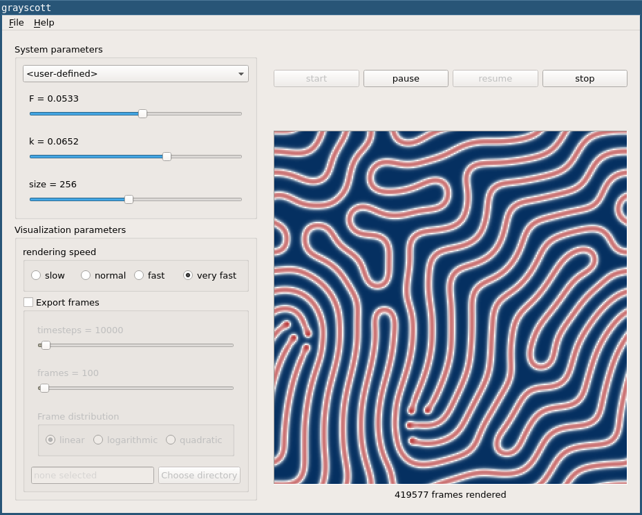 Screenshot of the GUI of the program "grayscott"